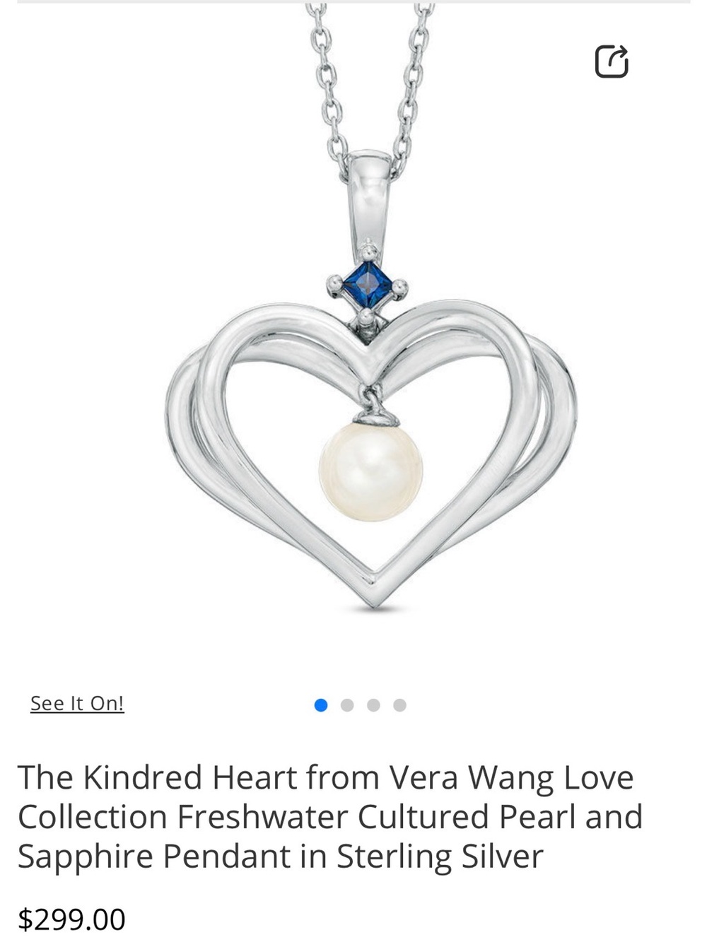 Vera Wang Sterling Silver Heart Pendant with Pearl & Blue Sapphire